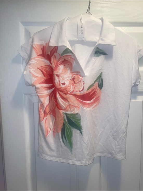 Love & Lace Tops - White Polo Shirt with Coral Floral Print